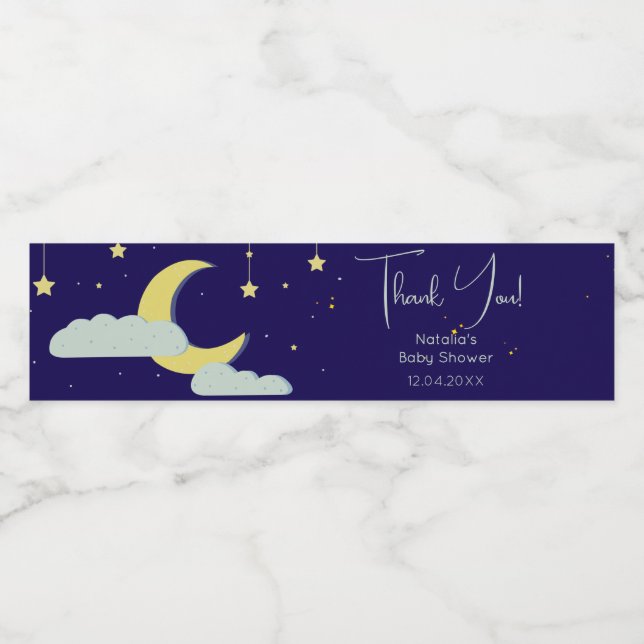 Blue Hand Drawn Celestial Star Moon Baby Shower Water Bottle Label (Single Label)