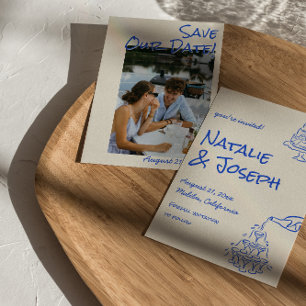 Blue Hand Drawn Champagne Tower Cake Photo Wedding Save The Date