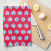 Blue hand drawn Christmas ornaments on bright red 