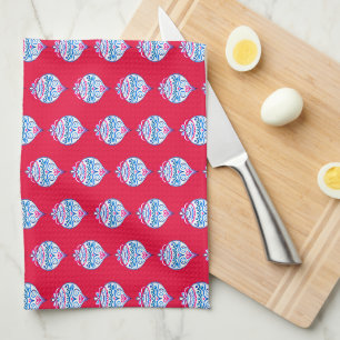 Blue hand drawn Christmas ornaments on bright red Kitchen Towel