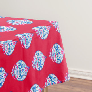 Blue hand drawn Christmas ornaments on bright red  Tablecloth
