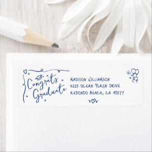 Blue Hand Drawn Doodle Graduation White Address