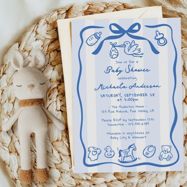 Blue Hand Drawn Doodle Whimsical Boy Baby Shower Invitation (Creator Uploaded)