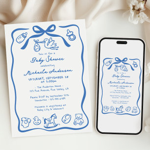 Blue Hand Drawn Doodle Whimsical Boy Baby Shower Invitation