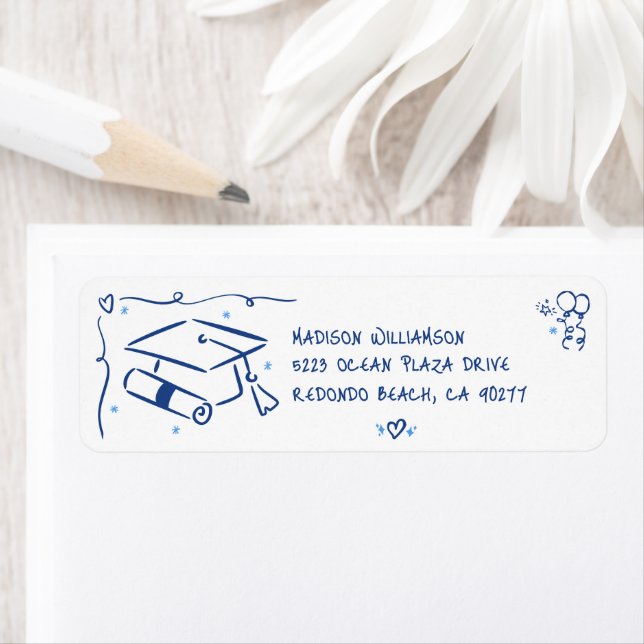 Blue Hand Drawn Doodles Graduate Cap White Address (En situation)