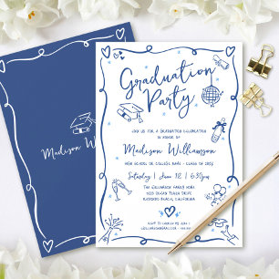 Blue Hand Drawn Doodles Graduation Fun White Party Invitation