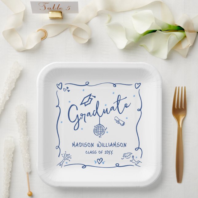 Blue Hand Drawn Doodles White Graduation Quirky Paper Plate (Wedding)