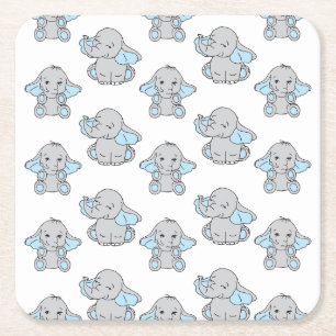 Blue Hand Drawn Elephant Pattern Elephant Cartoon Square Paper Coaster