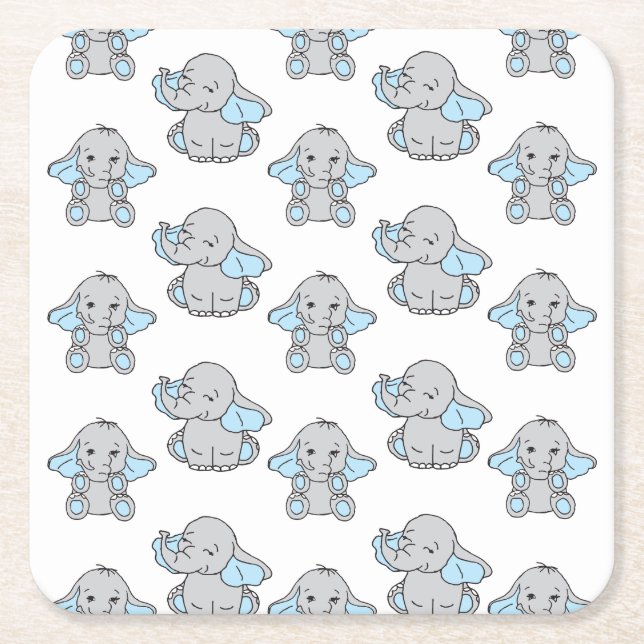 Blue Hand Drawn Elephant Pattern Elephant Cartoon Square Paper Coaster (Front)
