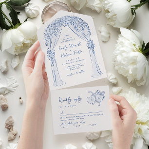 Blue Hand Drawn Floral Arch Whimsical Wedding All In One Invitation