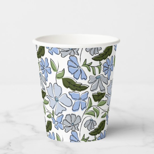 Blue Hand Drawn Floral Block Print Paper Cups (Front)