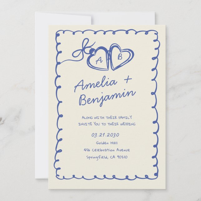 Blue hand drawn heart Whimsical Wedding  Invitati Invitation (Front)