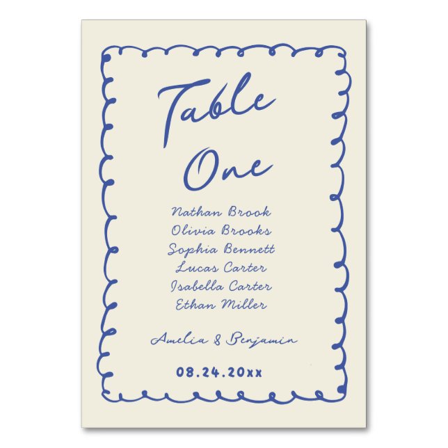 Blue hand drawn heart Whimsical Wedding  Table Number (Front)