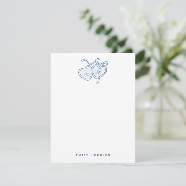 Blue Hand Drawn Hearts Monogram Personalized Card (Standing Front)