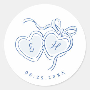 Blue Hand Drawn Hearts Monogram Whimsical Wedding Classic Round Sticker