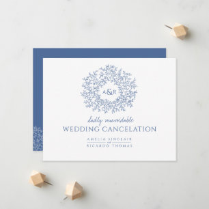 Blue hand drawn leaf monogram wedding cancellation announcement