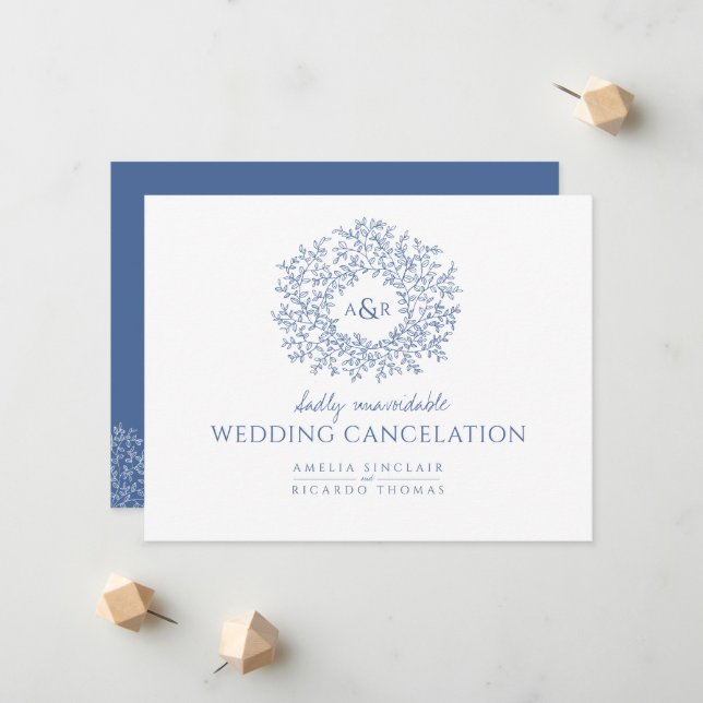 Blue hand drawn leaf monogram wedding cancellation announcement (Front/Back In Situ)