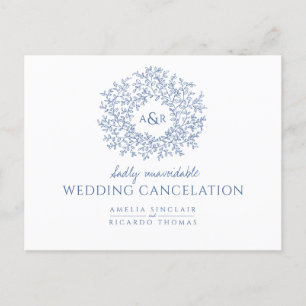 Blue hand drawn leaf monogram wedding cancellation announcement postcard
