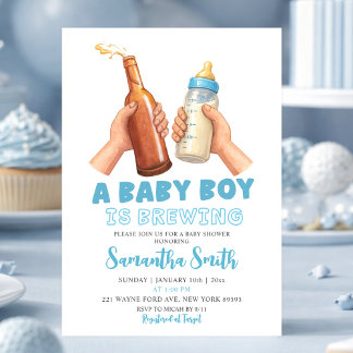 Blue Hand Drawn Minimalist A baby Boy is brewing Invitation