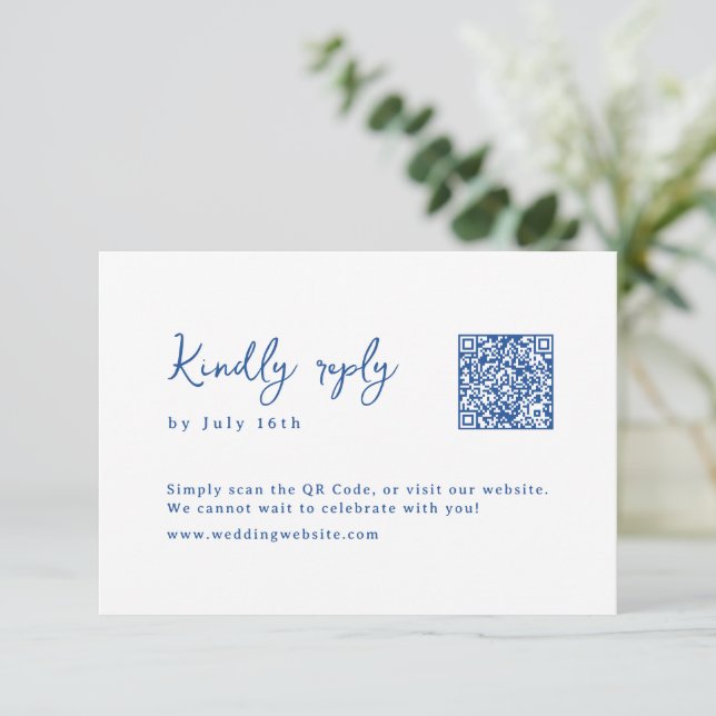 Blue Hand Drawn Monogram Whimsical Wedding QR code RSVP Card (Standing Front)