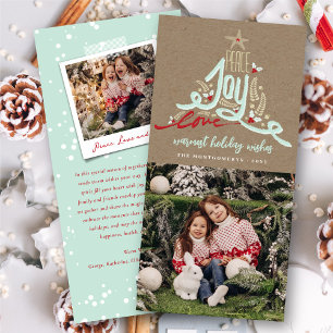 Blue Hand Drawn Peace Joy Love Kraft Rustic Photo Holiday Card