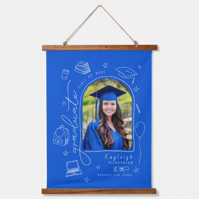 Blue Hand Drawn Photo Graduation  Hanging Tapestry (Front)