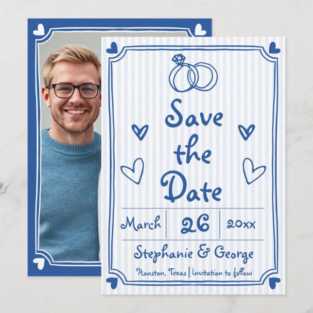Blue hand drawn scribble doodle whimsical photo save the date (Front/Back)