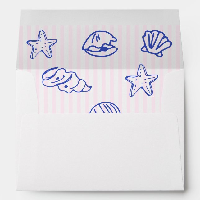 Blue hand drawn scribble sea shells bachelorette envelope (Back (Bottom))