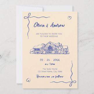 Blue Hand Drawn Sketch Venue Wedding Invitation