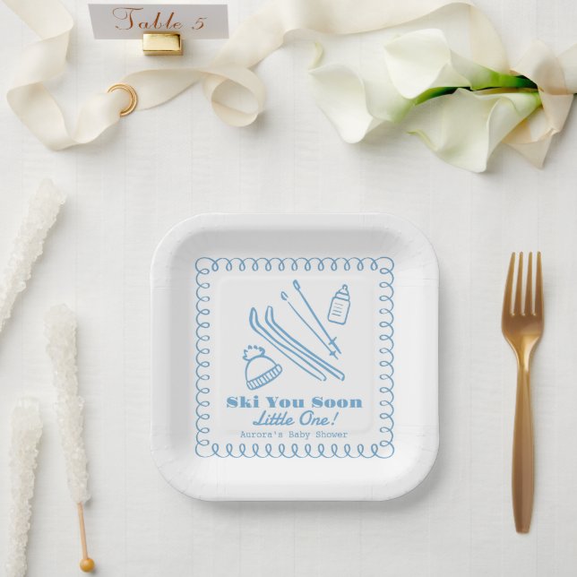 Blue Hand-Drawn Ski You Soon Boy Baby Shower Paper Plate (Wedding)