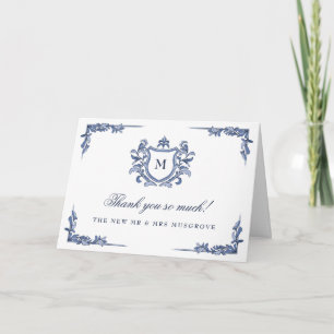 Blue Hand-Drawn Vintage Crest Monogram Wedding Thank You Card