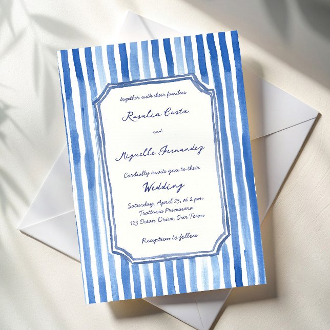 Blue hand drawn vintage stripes wedding invitation (Blue hand drawn stripes hand writing vintage wedding invitation cards template )