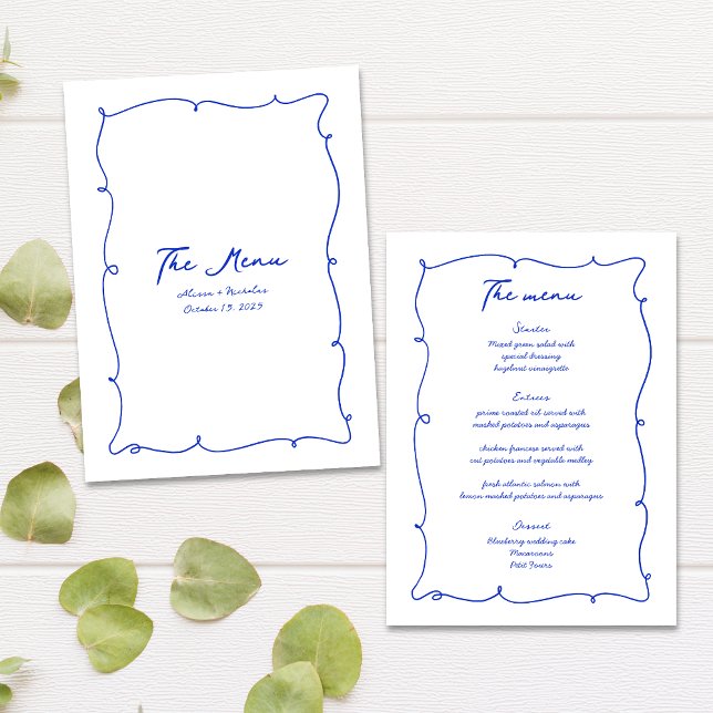 Blue Hand Drawn Wavy Border & Script Wedding Menu (Creator Uploaded)