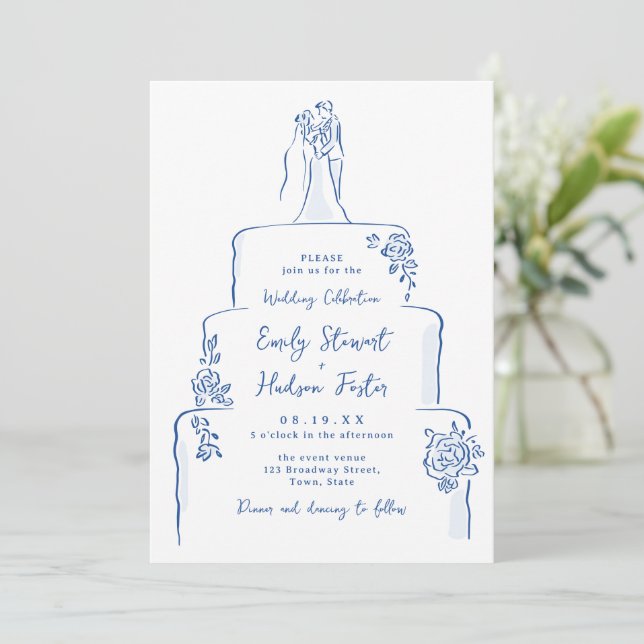 Blue Hand Drawn Wedding Cake Whimsical Invitation (Standing Front)