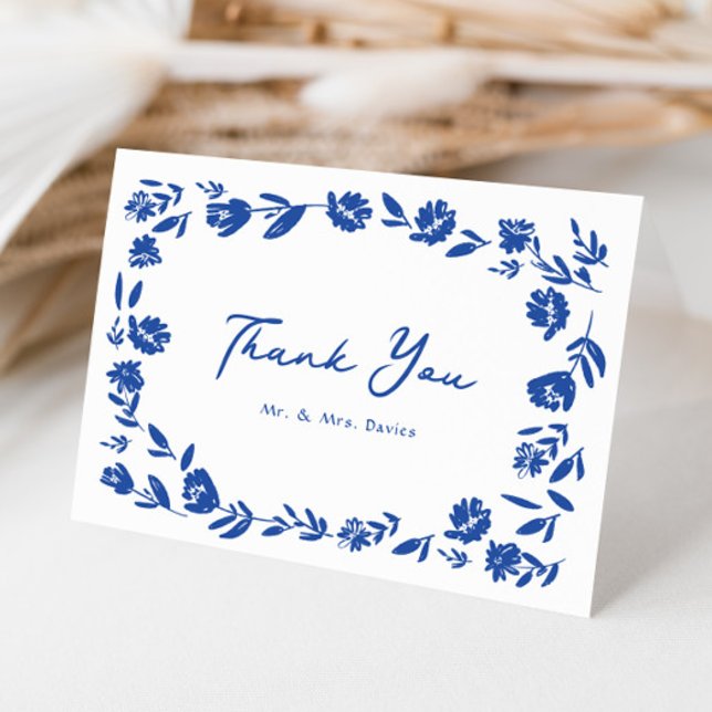 Blue Hand Drawn Whimsical Flower Border Wedding Thank You Card (Creator Uploaded)