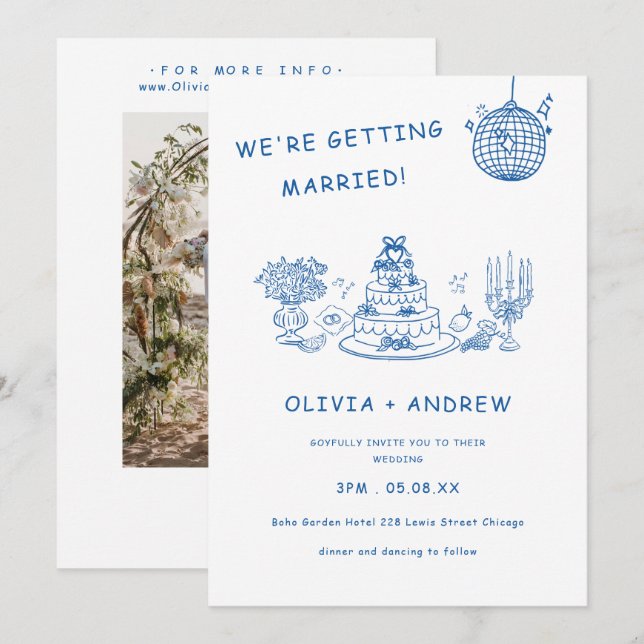 Blue Hand Drawn Whimsical Quirky Funky Wedding Invitation (Front/Back)