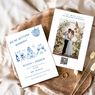 Blue Hand Drawn Whimsical Quirky Funky Wedding Invitation