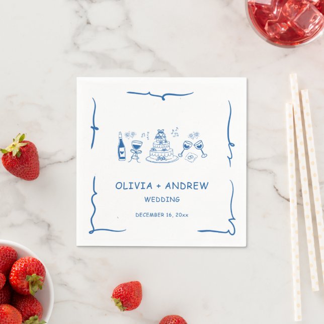 Blue Hand Drawn Whimsical Wedding Napkin (Insitu)