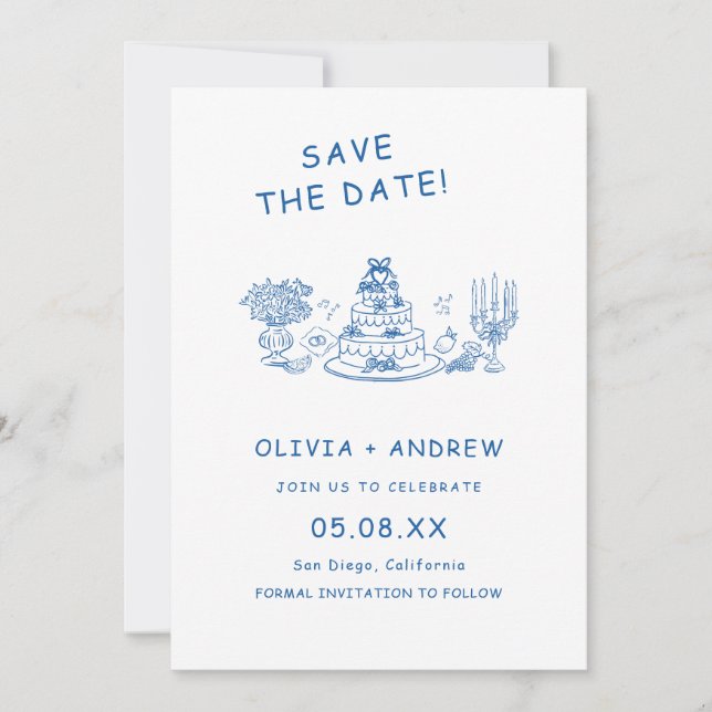 Blue Hand Drawn Whimsical Wedding Save The Date  Invitation (Front)