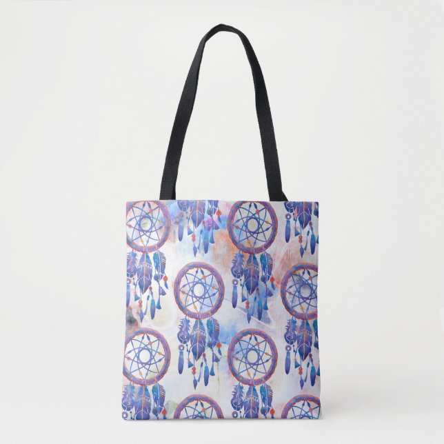 Blue Hand Painted Watercolor Modern Boho Tote Bag (Front)