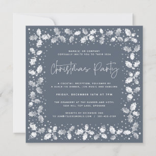 Blue Hand Printed Holly+Berries Christmas Party Invitation