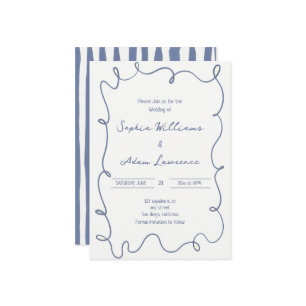 Blue Hand Written Pinstripes Whimsical Wedding Invitation
