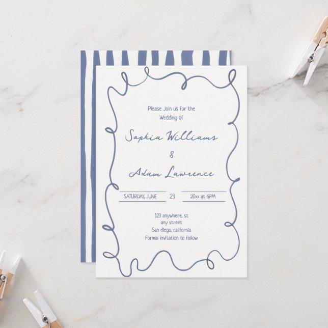 Blue  Hand Written Pinstripes Whimsical Wedding Invitation (Front/Back In Situ)