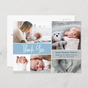 Blue Handlettering Photo Collage Baby Shower Postcard