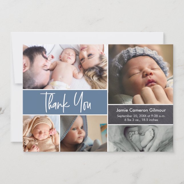 Blue Handlettering Photo Collage Baby Shower  Thank You Card (Front)
