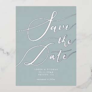 Blue Handwritten Calligraphy Save The Date Foil Invitation Postcard