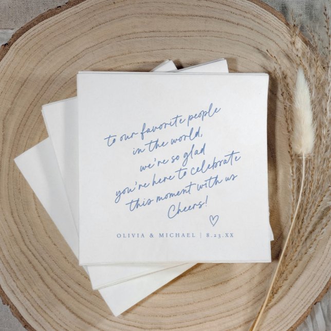 Blue Handwritten Love Note Style Wedding Napkin (Blue love note wedding napkin with handwritten note, heart, and modern script design.)