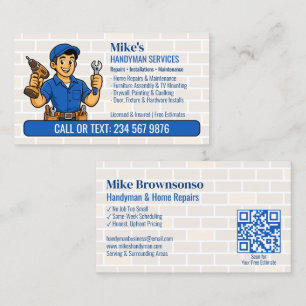 Blue Handyman Cartoon Man Tool Belt QR Home Repair Business Card