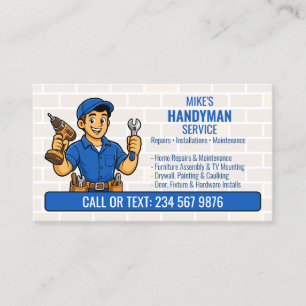 Blue Handyman Cartoon Man Tool QR Home Repair Business Card