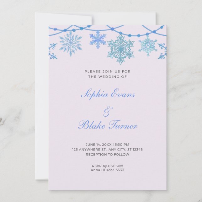 Blue Hanging Lights and Snowflakes Purple Wedding Invitation (Front)